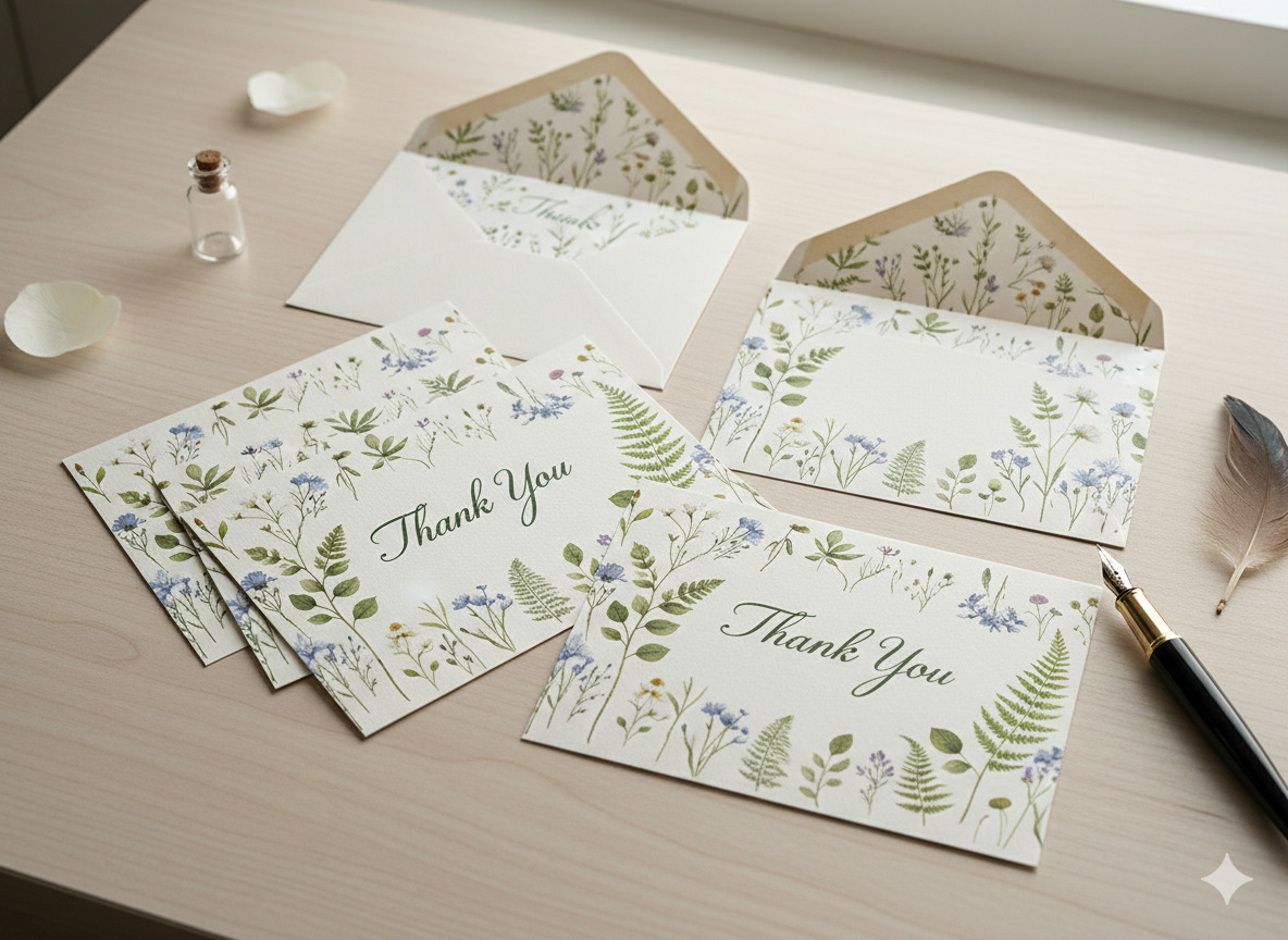 Thank you card set with botanical print